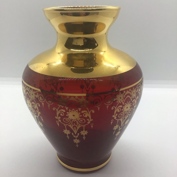 Ruby Red Hand Blown Vecchia Italian Glass Vase W Gold Gilt Design 5” Bohemian - Picture 1 of 9